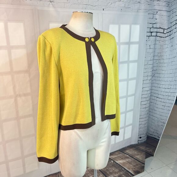 St John collection yellow knit brown trim cardigan size 12 - Picture 2 of 10